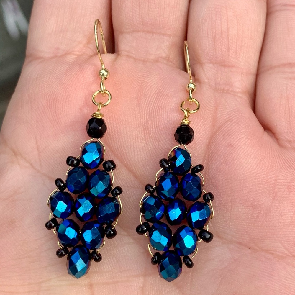 ❤️5/$15 Blue Iridescent Crystal Beaded Geometric Handcrafted Gold Earrings
